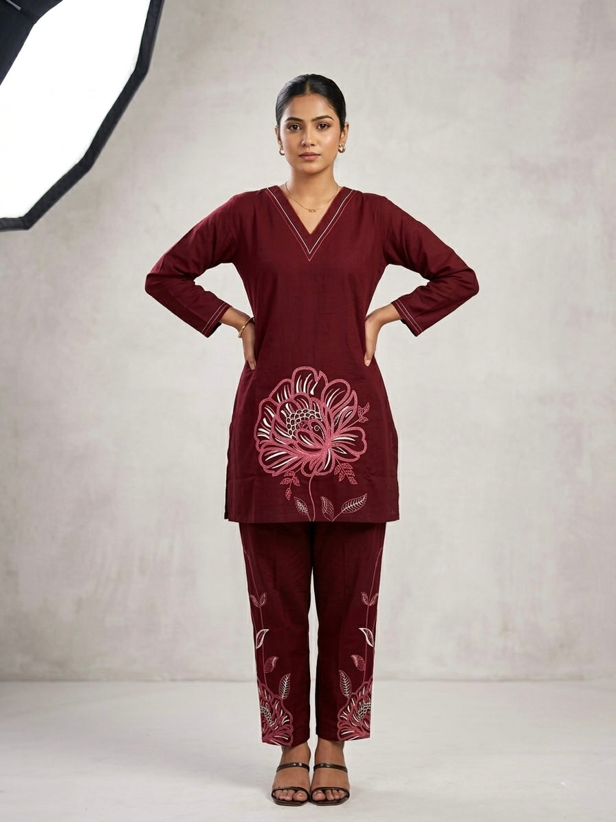 Burgundy Bloom Linear Embroidered Co-ord Set