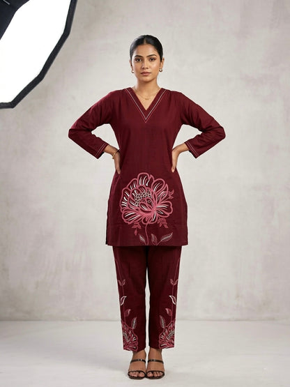 Burgundy Bloom Linear Embroidered Co-ord Set