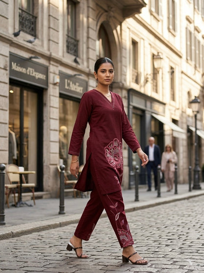Burgundy Bloom Linear Embroidered Co-ord Set