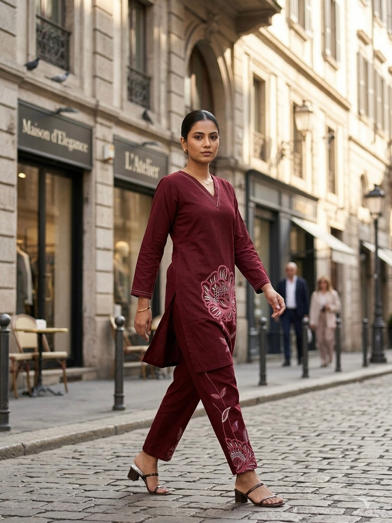 Burgundy Bloom Linear Embroidered Co-ord Set