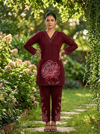 Burgundy Bloom Linear Embroidered Co-ord Set