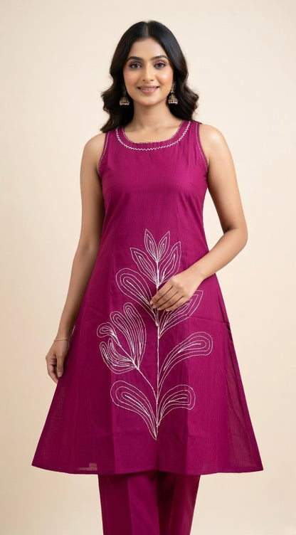 Plum Petal Hand-Embroidered A-Line Set