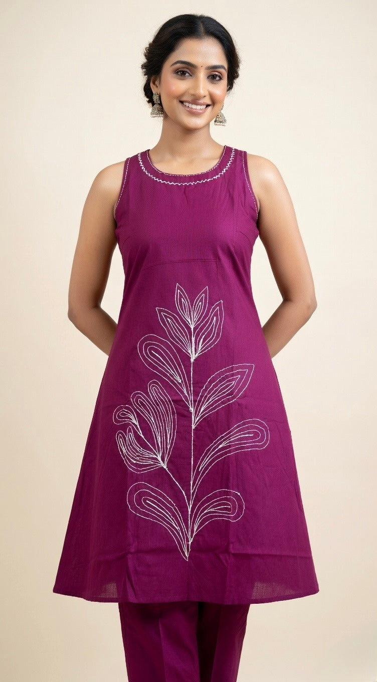 Plum Petal Hand-Embroidered A-Line Set