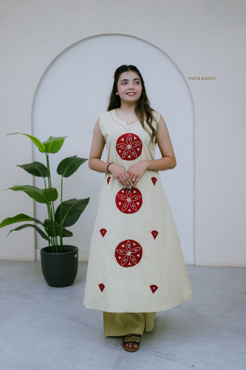 Saffron Petal Appliqué A-Line Kurta Set