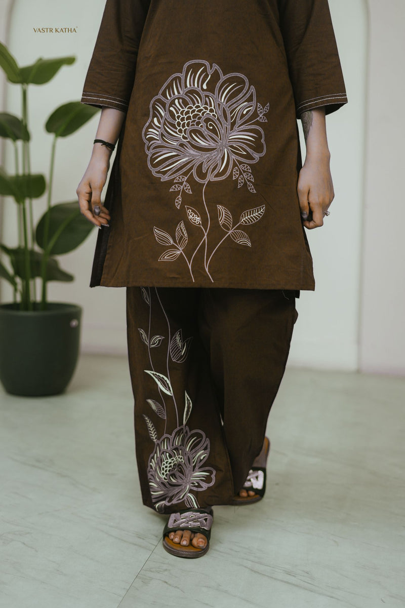 Mocha Bloom Linear Embroidered Co-ord Set