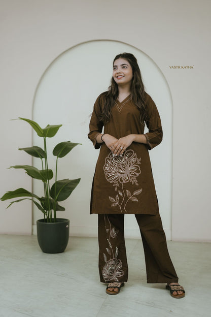 Mocha Bloom Linear Embroidered Co-ord Set