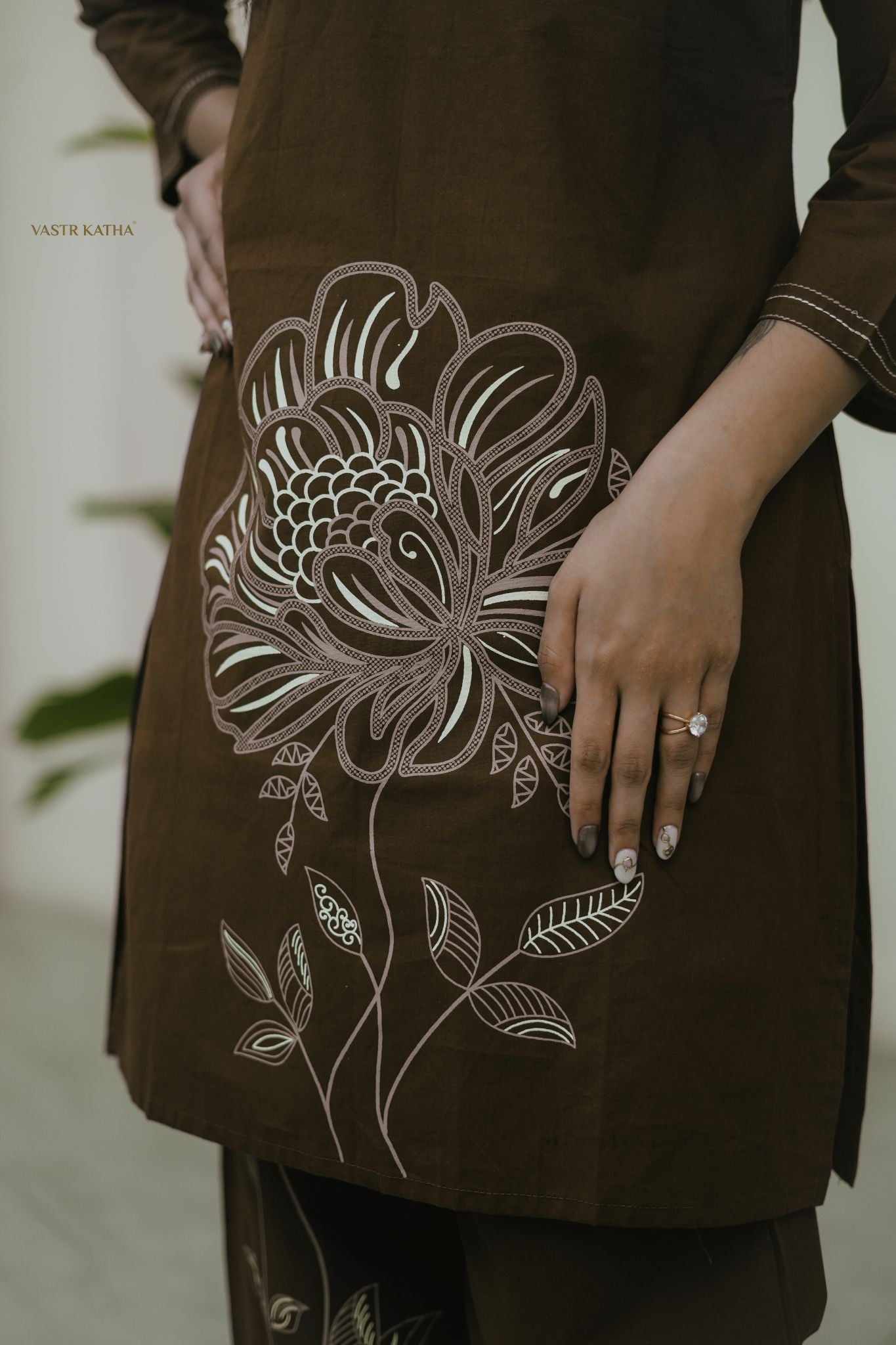 Mocha Bloom Linear Embroidered Co-ord Set