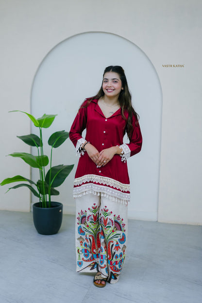 Siren Maroon & Kalamkari Palazzo Co-ord Set
