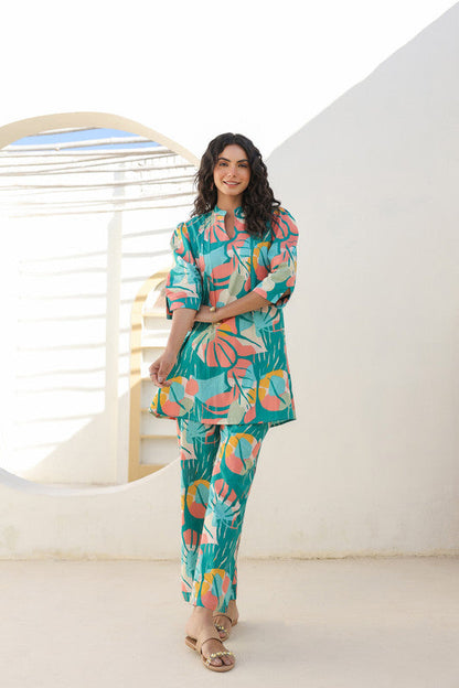 🌿 Teal Tropical Print Co-Ord Set