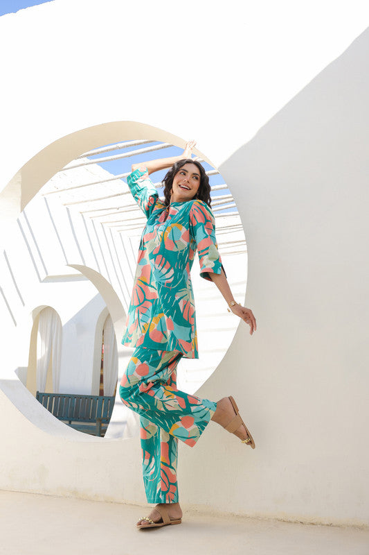 🌿 Teal Tropical Print Co-Ord Set