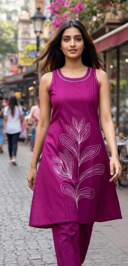 Plum Petal Hand-Embroidered A-Line Set